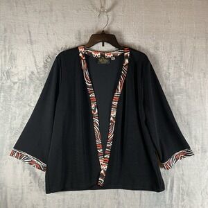 Bob Mackie Womens Open Front Cardigan Black Orange Trim Wearable Art Lagenlook L